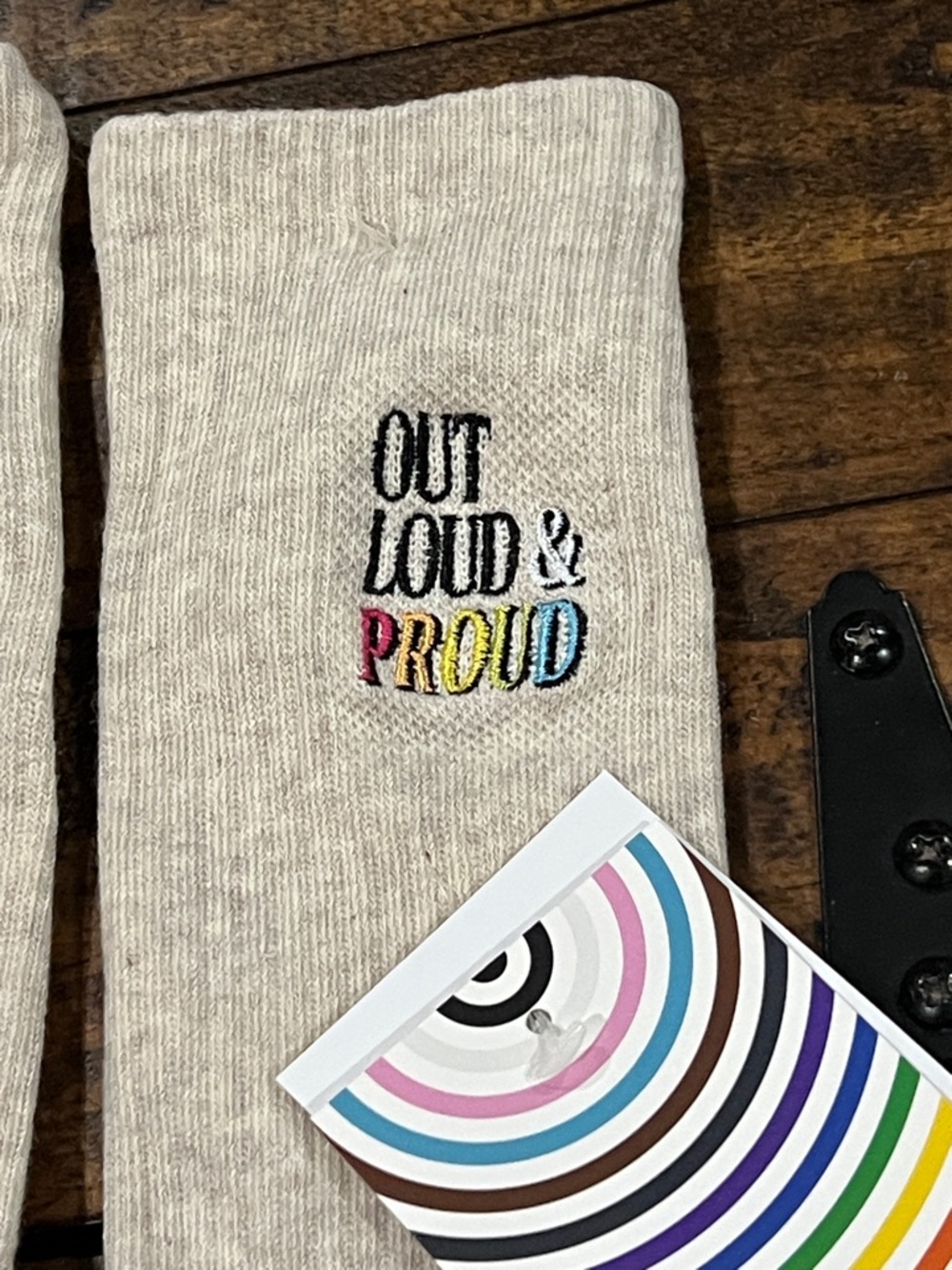 Pride OUT LOUD AND PROUD RAINBOW striped knee high socks - Picture 4 of 9